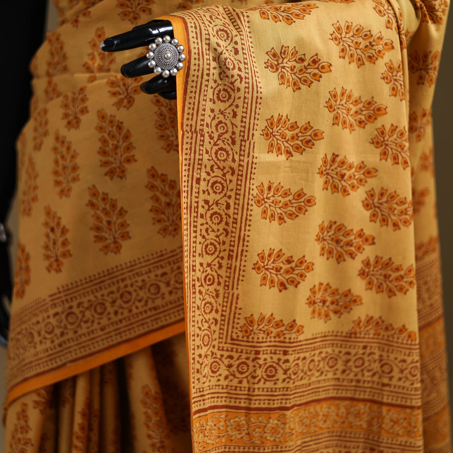 Yellow - Gamthi Hand Block Print Pure Mul Cotton Saree with Blouse Piece 46