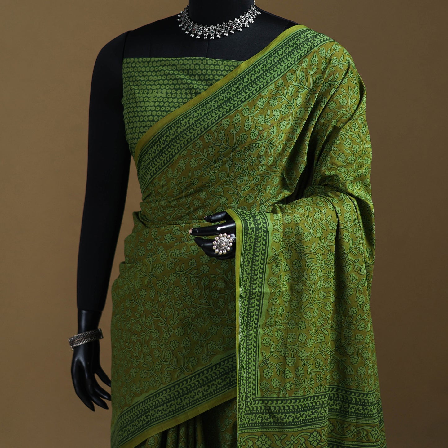 Green - Gamthi Hand Block Print Pure Mul Cotton Saree with Blouse Piece 47