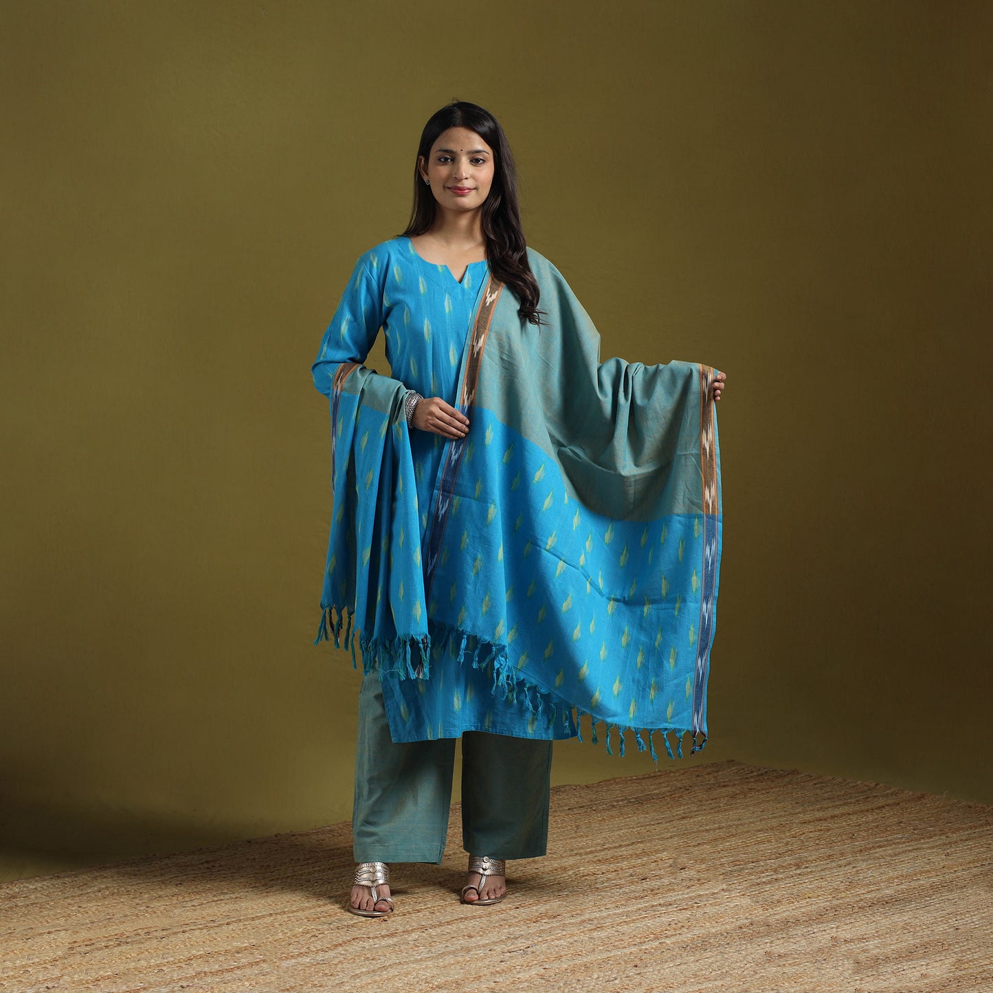 Pochampally Ikat Cotton Suit Set with Dupatta for women 12