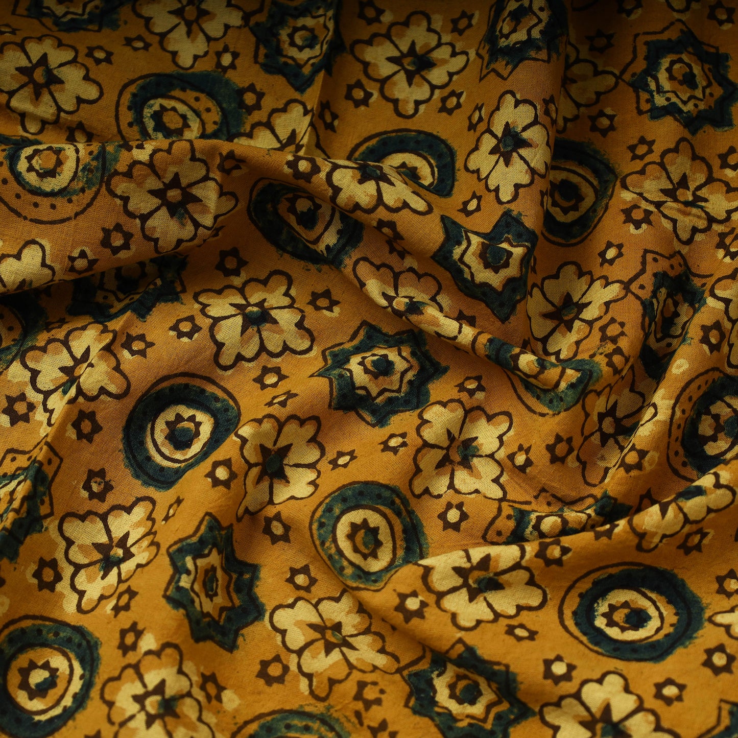 Yellow Hand Block Print Cotton Ajrakh Fabric