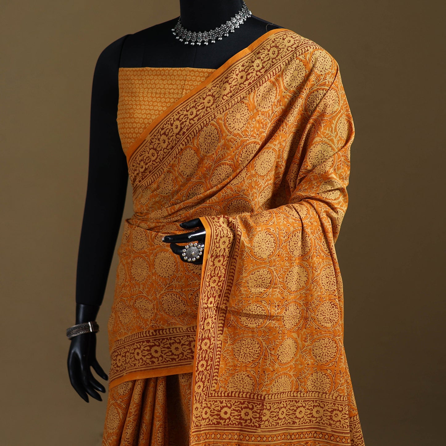 Yellow - Gamthi Hand Block Print Pure Mul Cotton Saree with Blouse Piece 53