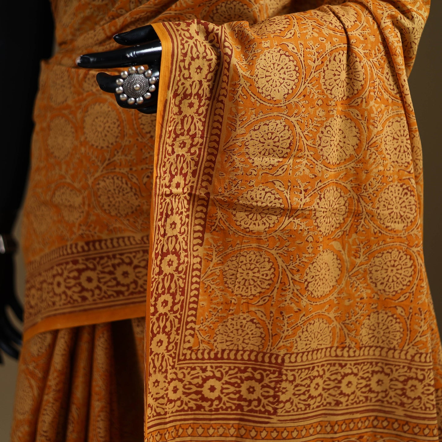 Yellow - Gamthi Hand Block Print Pure Mul Cotton Saree with Blouse Piece 53