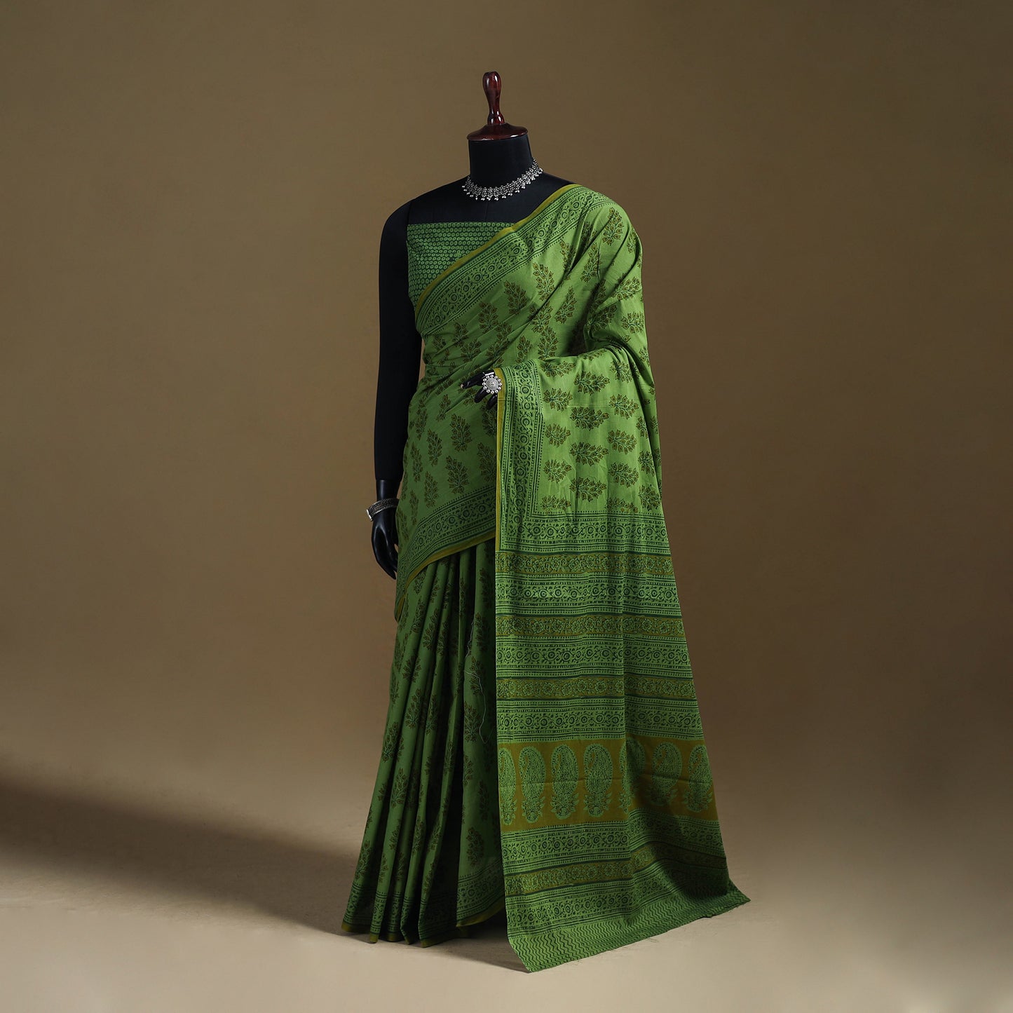 Green - Gamthi Hand Block Print Pure Mul Cotton Saree with Blouse Piece 54