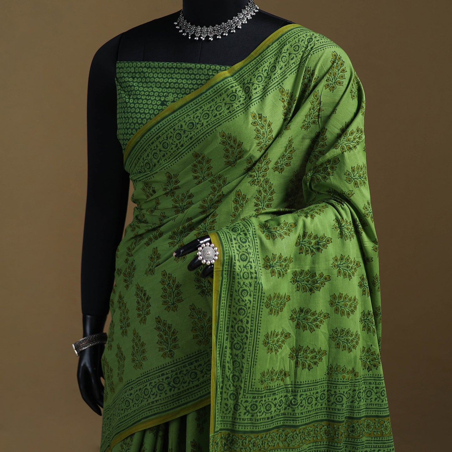 Green - Gamthi Hand Block Print Pure Mul Cotton Saree with Blouse Piece 54
