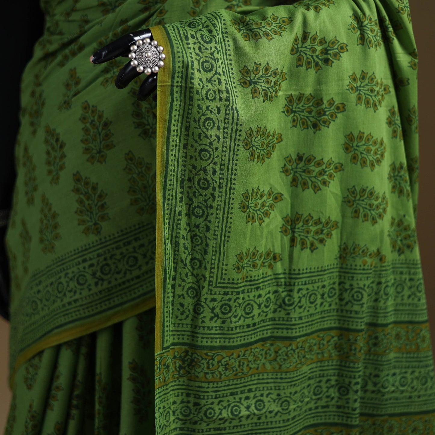 Green - Gamthi Hand Block Print Pure Mul Cotton Saree with Blouse Piece 54