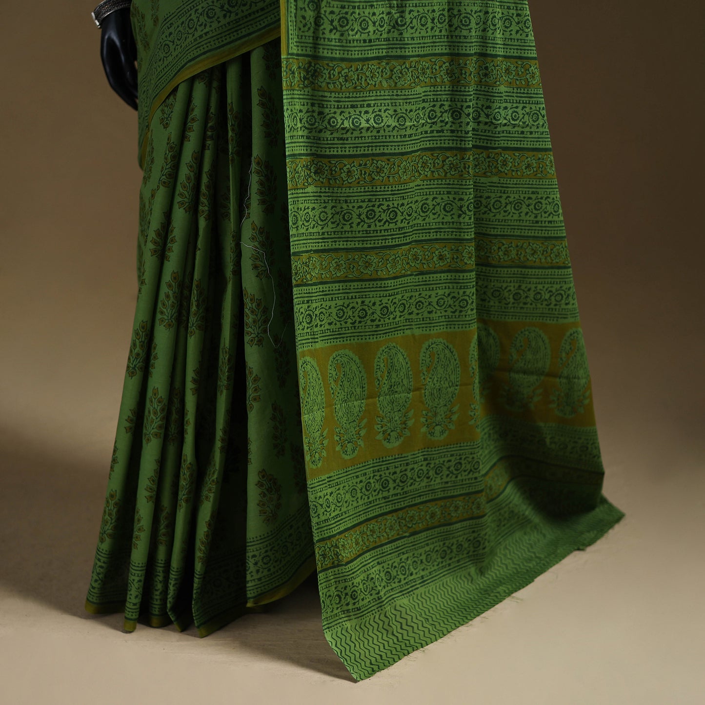 Green - Gamthi Hand Block Print Pure Mul Cotton Saree with Blouse Piece 54