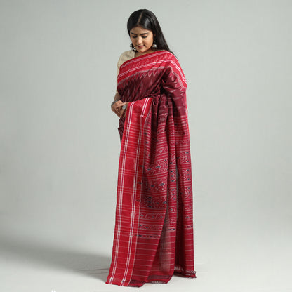 Maroon - Sambalpuri Ikat Weave Handloom Cotton Saree 21