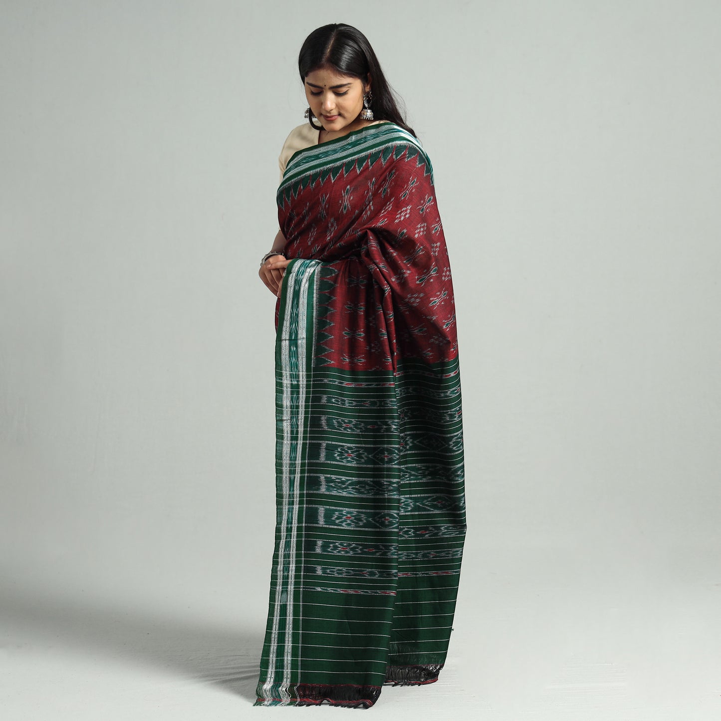 Maroon - Sambalpuri Ikat Weave Handloom Cotton Saree 22