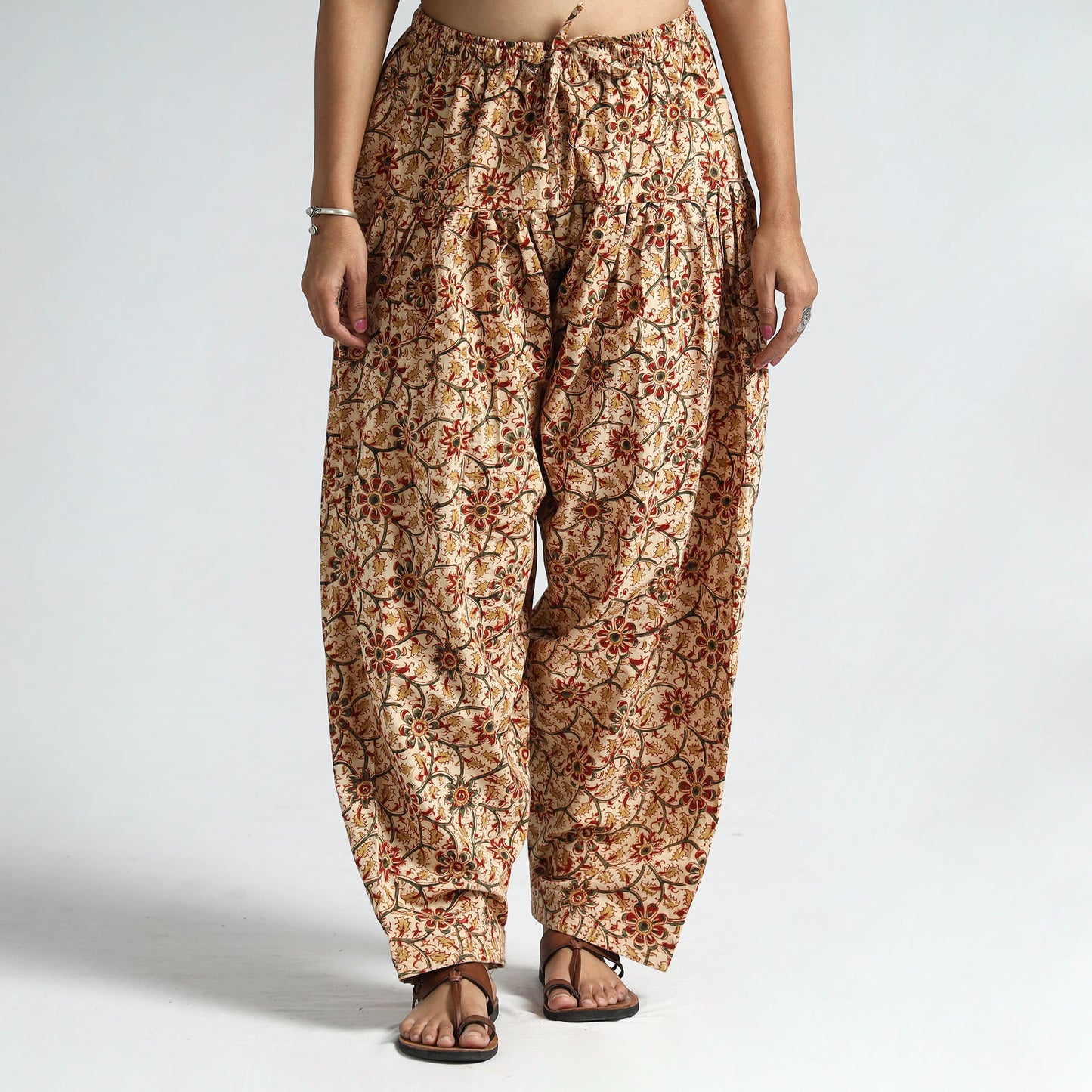 Beige - Pedana Kalamkari Block Printed Cotton Elasticated Salwar 25