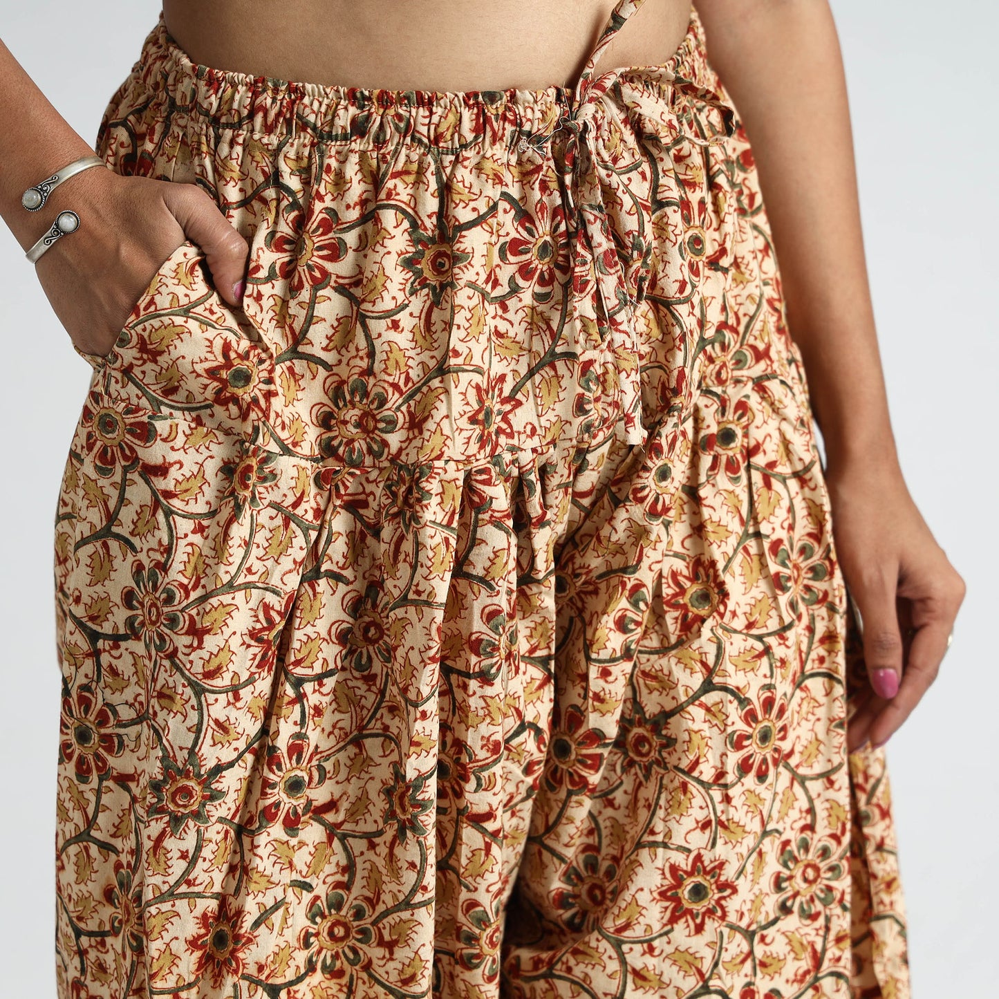 Beige - Pedana Kalamkari Block Printed Cotton Elasticated Salwar 25
