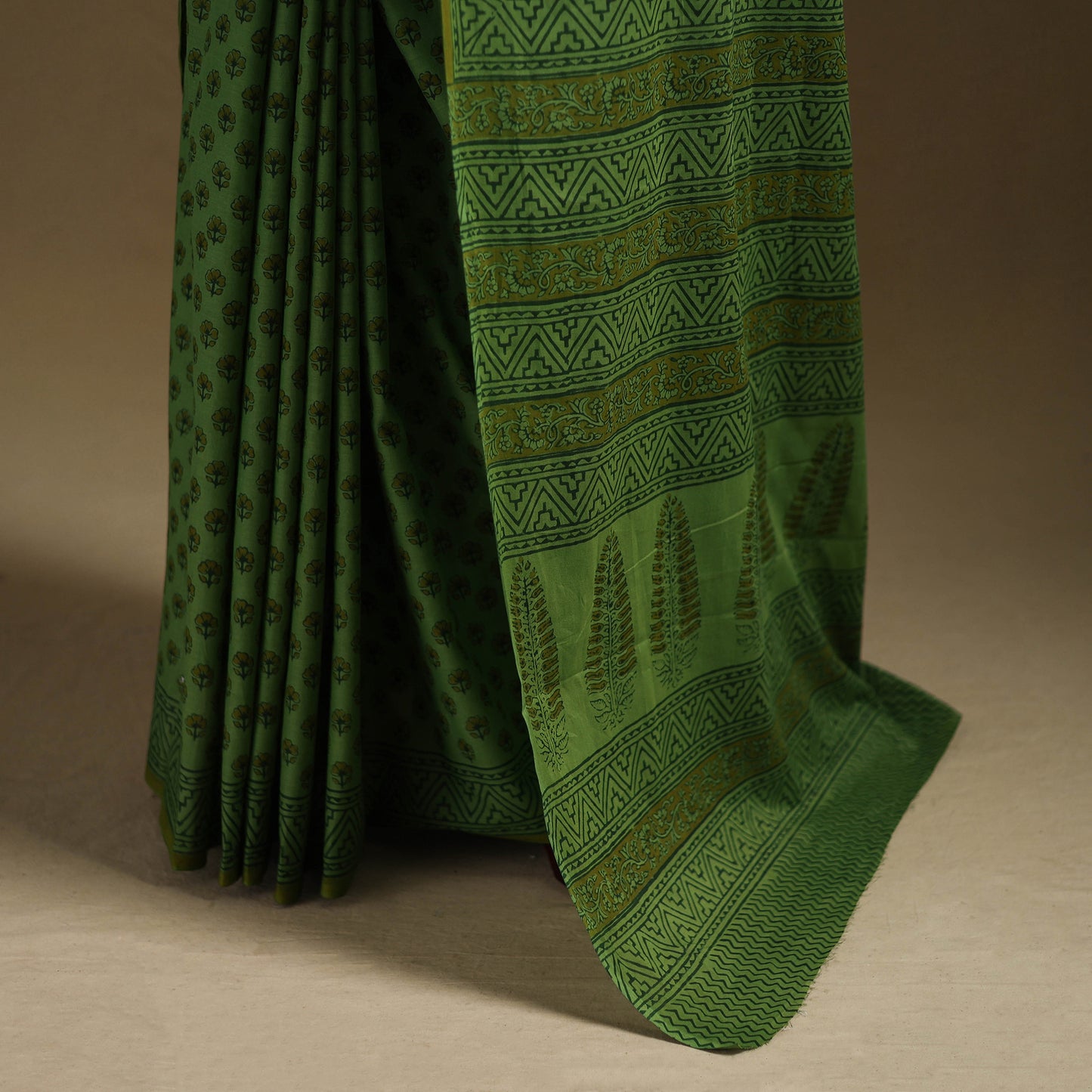 Green - Gamthi Hand Block Print Pure Mul Cotton Saree with Blouse Piece 60