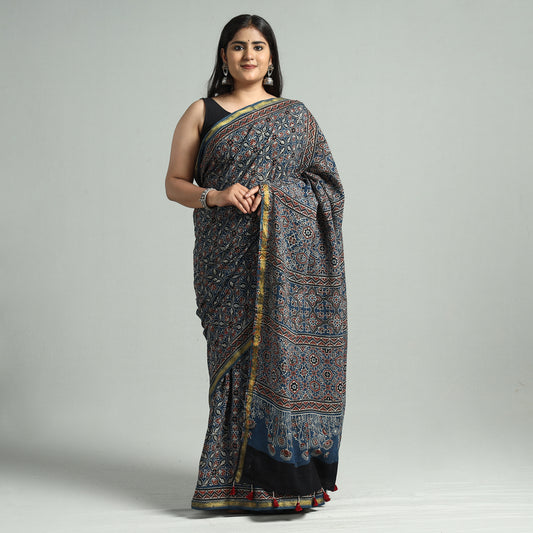 Blue - Ajrakh Block Printed Cotton Natural Dyed Saree with Tassels 04