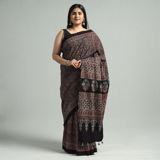 Ajrakh Block Printed Cotton Natural Dyed Saree with Tassels 05