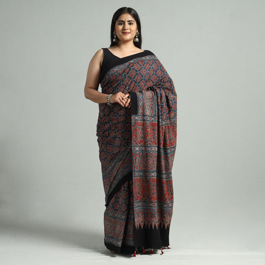 Ajrakh Block Printed Cotton Natural Dyed Saree with Tassels 06