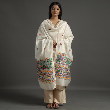 White - Madhubani Handpainted Chanderi Silk Handloom Dupatta 06