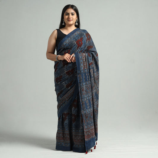 Ajrakh Block Printed Cotton Natural Dyed Saree with Tassels 07