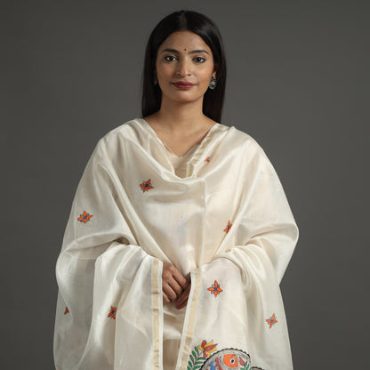 White - Madhubani Handpainted Chanderi Silk Handloom Dupatta 06