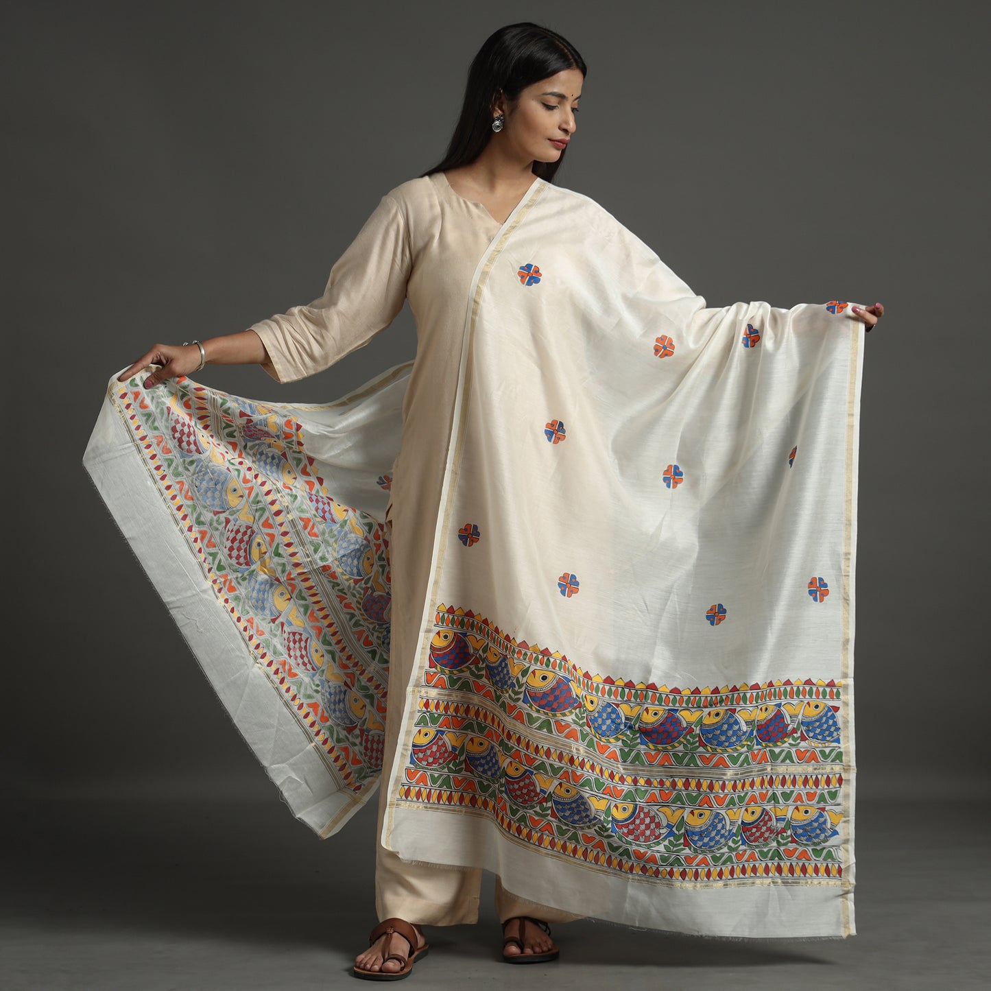 White - Madhubani Handpainted Chanderi Silk Handloom Dupatta 09