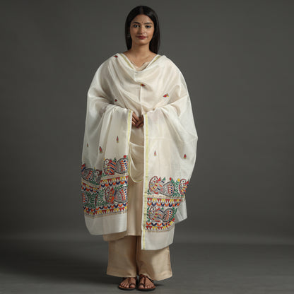 White - Madhubani Handpainted Chanderi Silk Handloom Dupatta 10