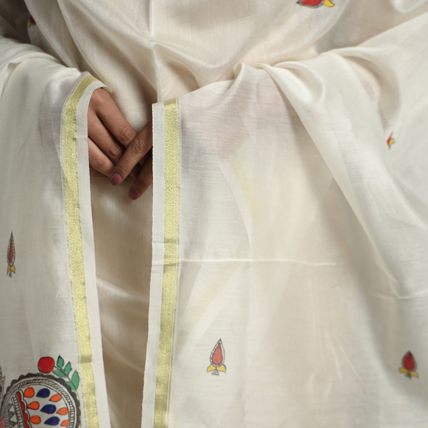 White - Madhubani Handpainted Chanderi Silk Handloom Dupatta 10