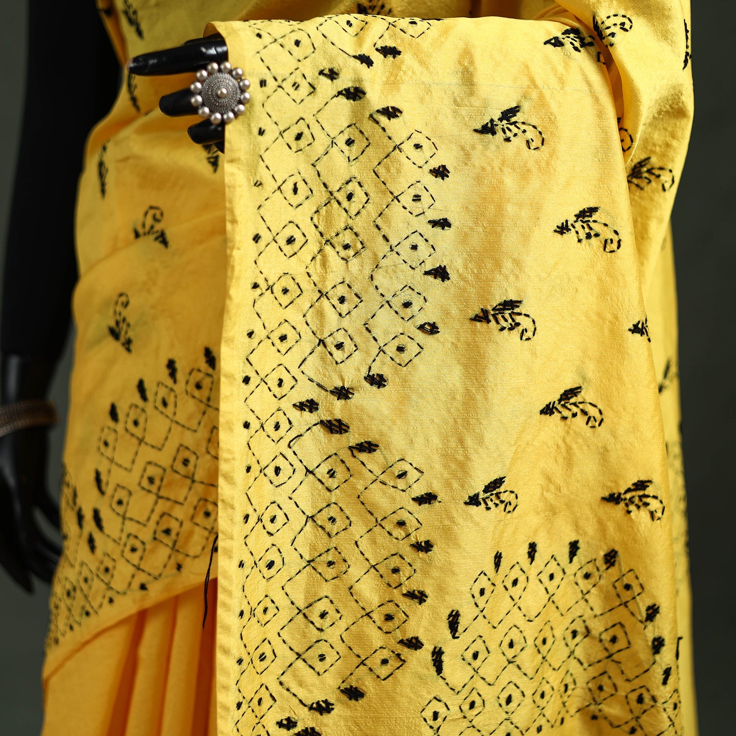 Yellow - Bengal Nakshi Kantha Hand Embroidered Silk Saree 03