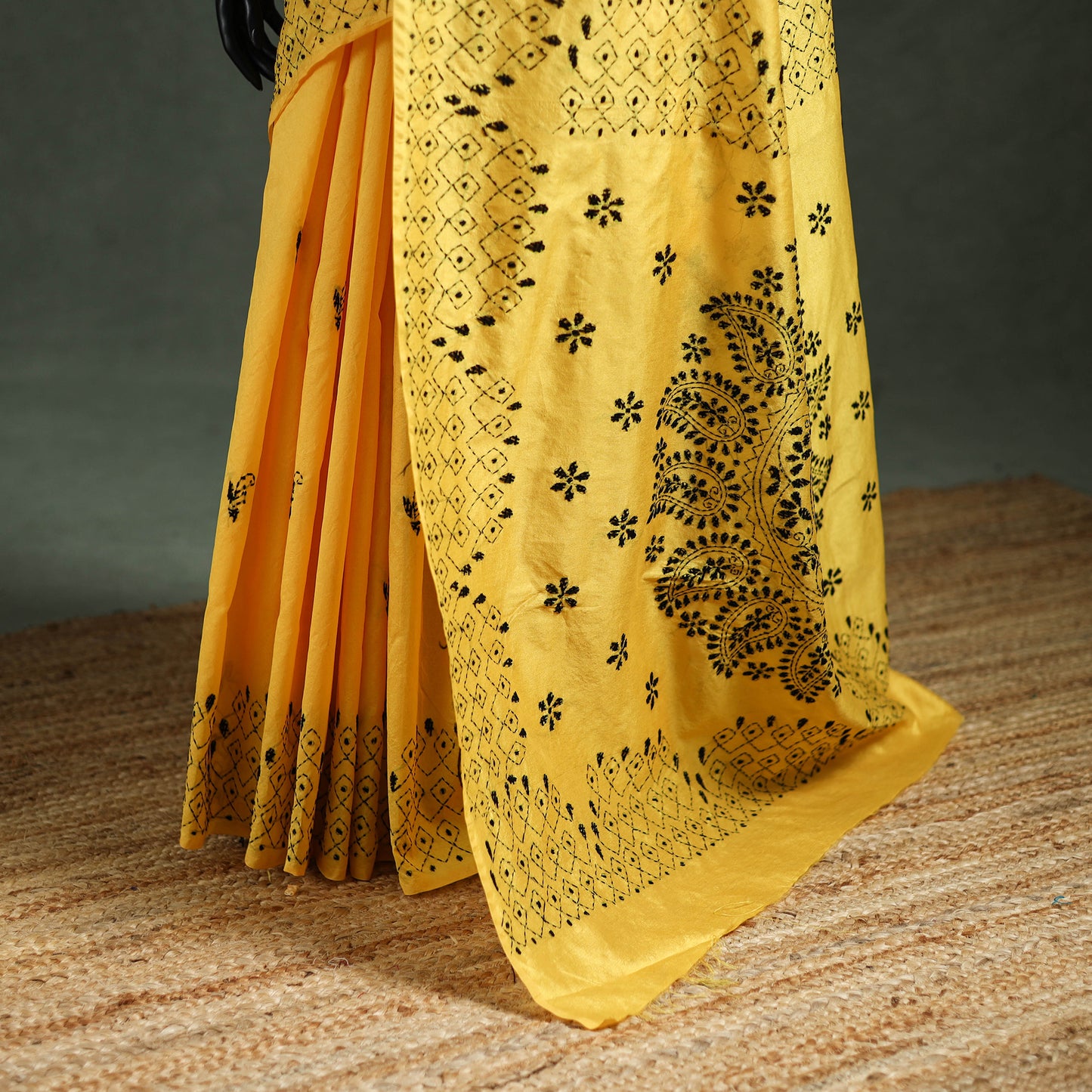 Yellow - Bengal Nakshi Kantha Hand Embroidered Silk Saree 03