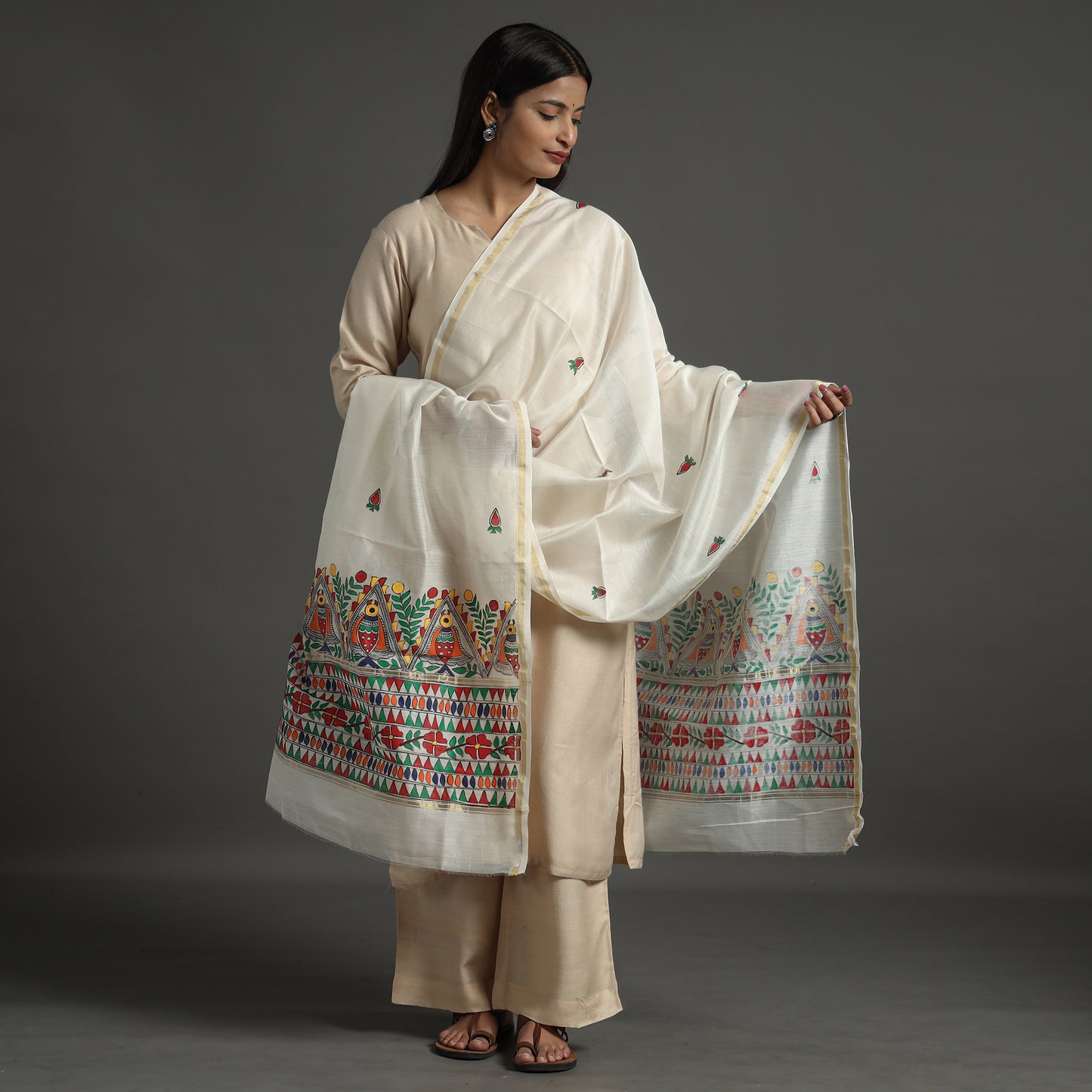 White - Madhubani Handpainted Chanderi Silk Handloom Dupatta 12