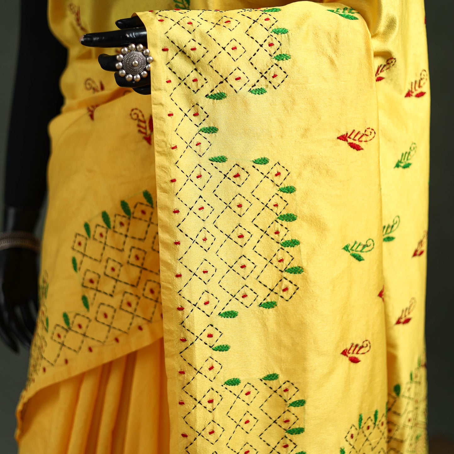 Yellow - Bengal Nakshi Kantha Hand Embroidered Silk Saree 09