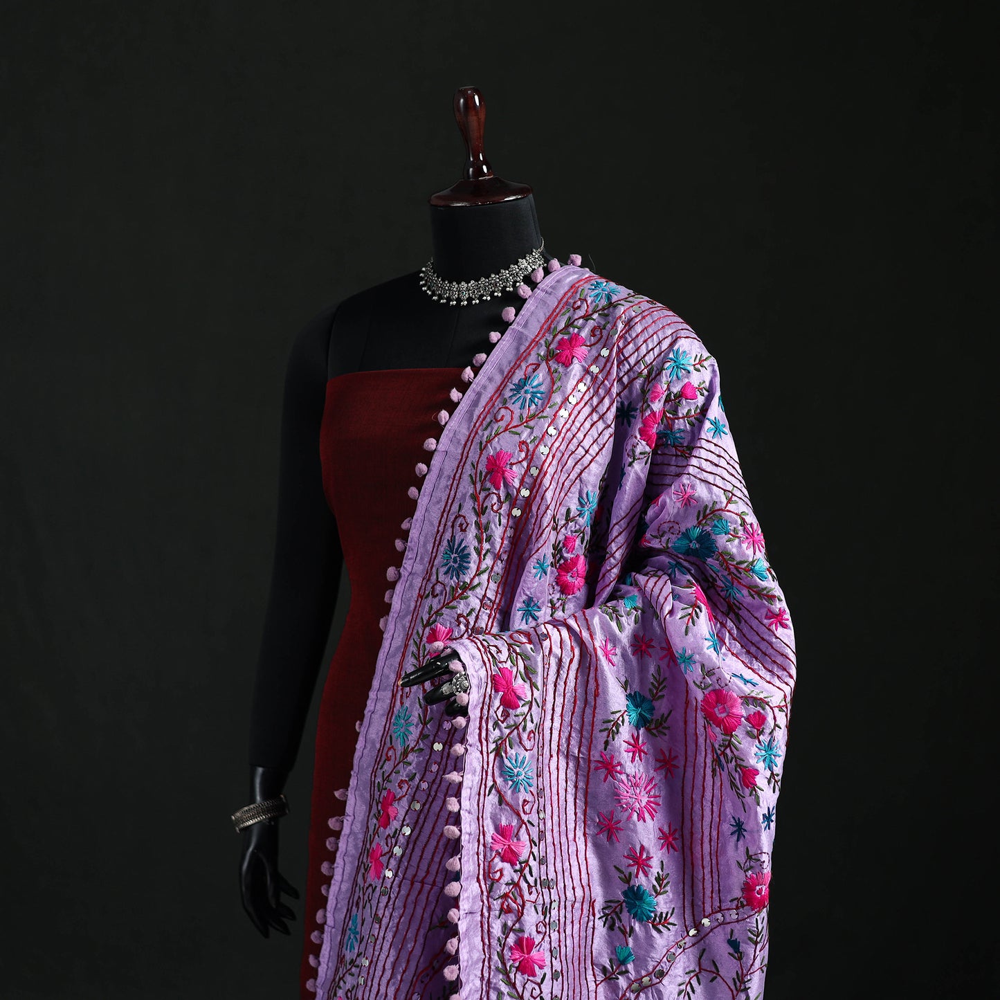 Phulkari Hand Embroidered Chanderi Silk Dupatta 01