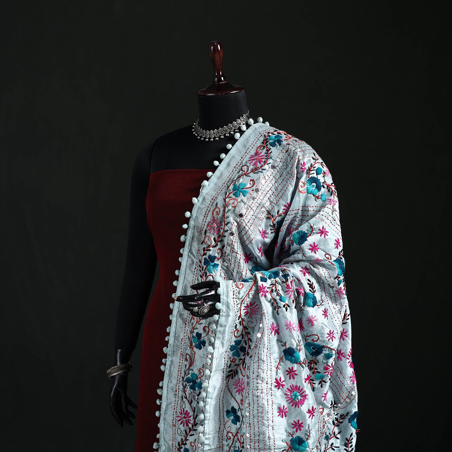 Phulkari Hand Embroidered Chanderi Silk Dupatta 03