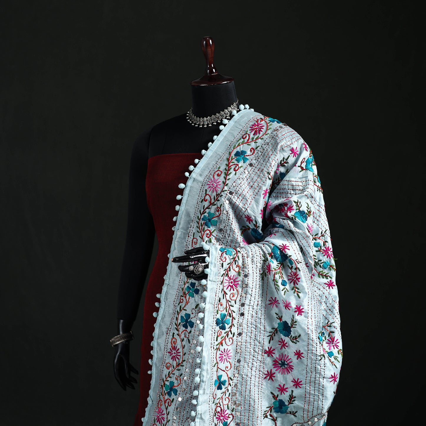 Phulkari Hand Embroidered Chanderi Silk Dupatta 04