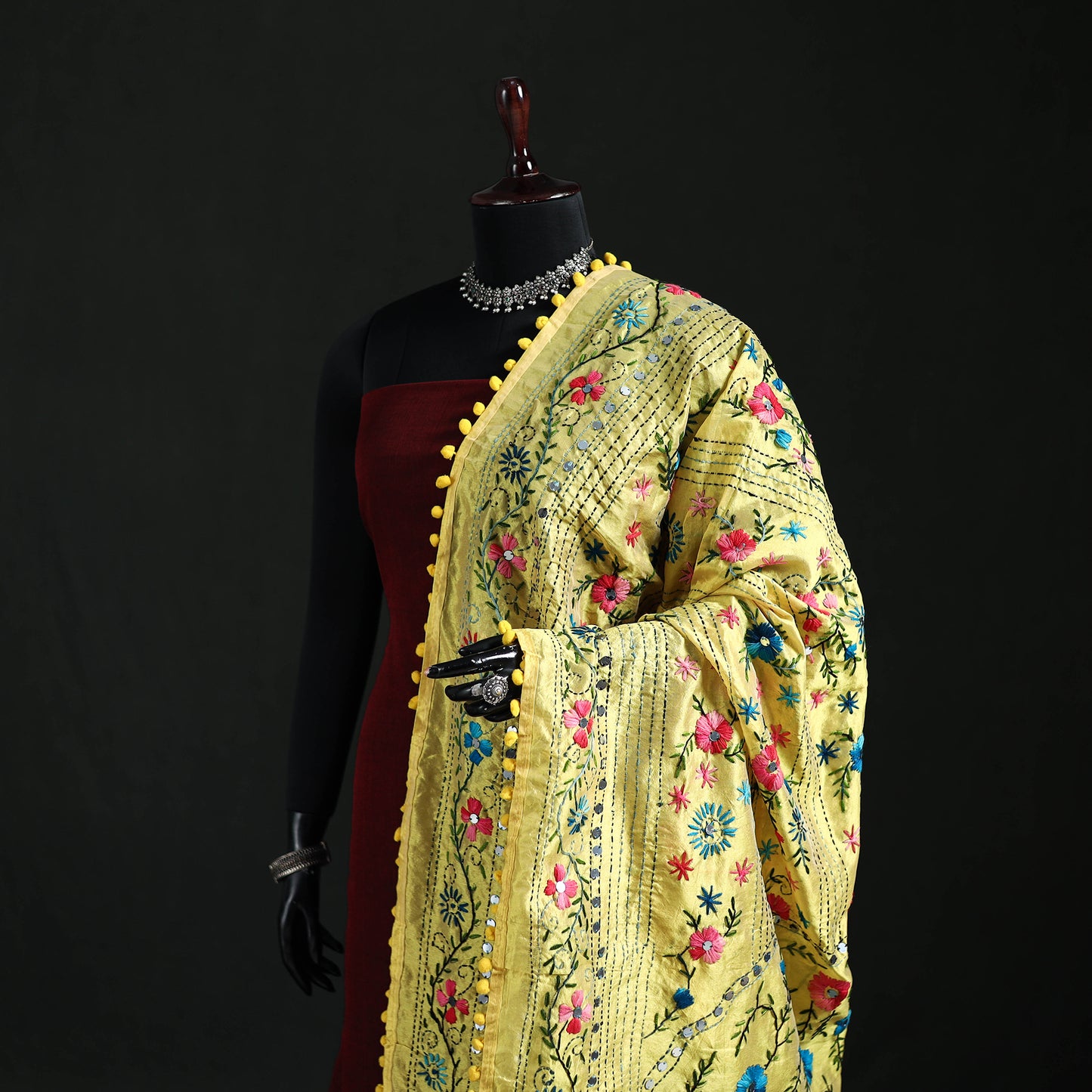 Phulkari Hand Embroidered Chanderi Silk Dupatta 06