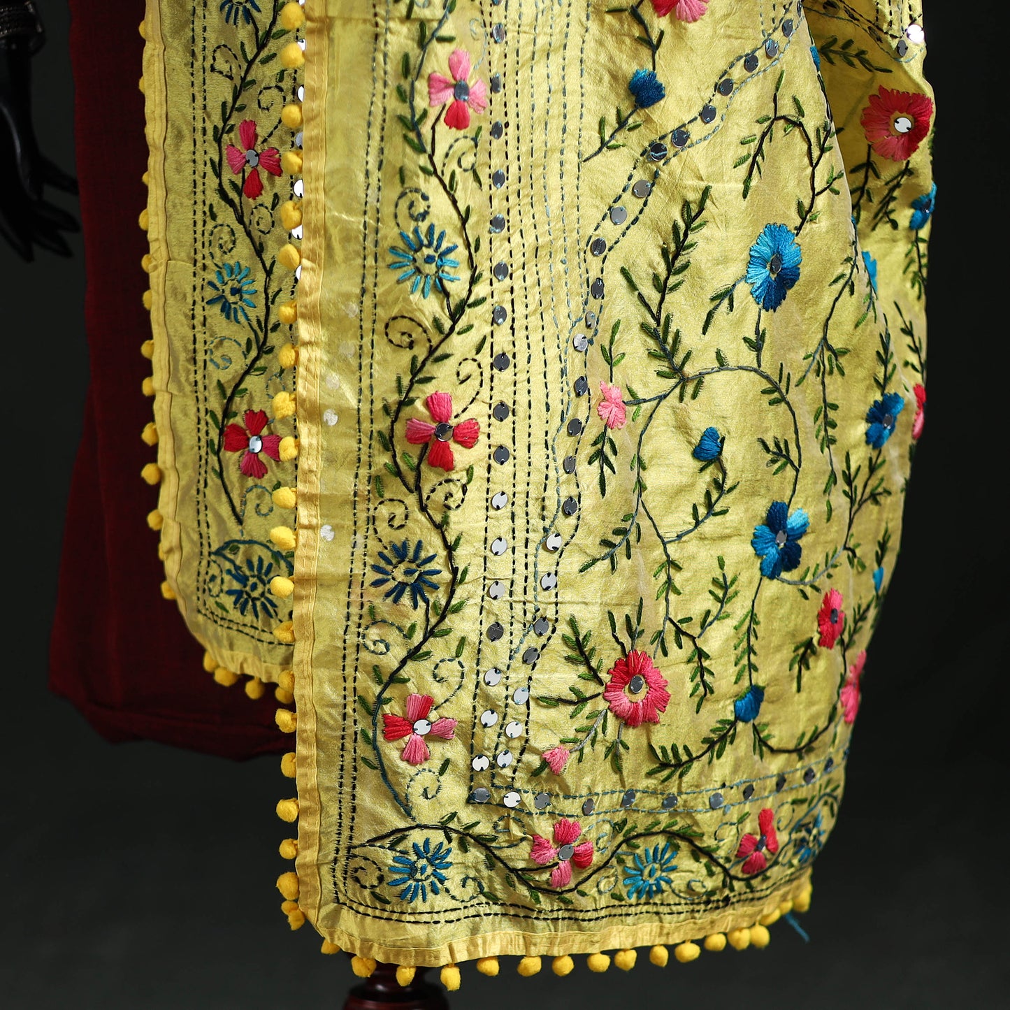 Phulkari Hand Embroidered Chanderi Silk Dupatta 06