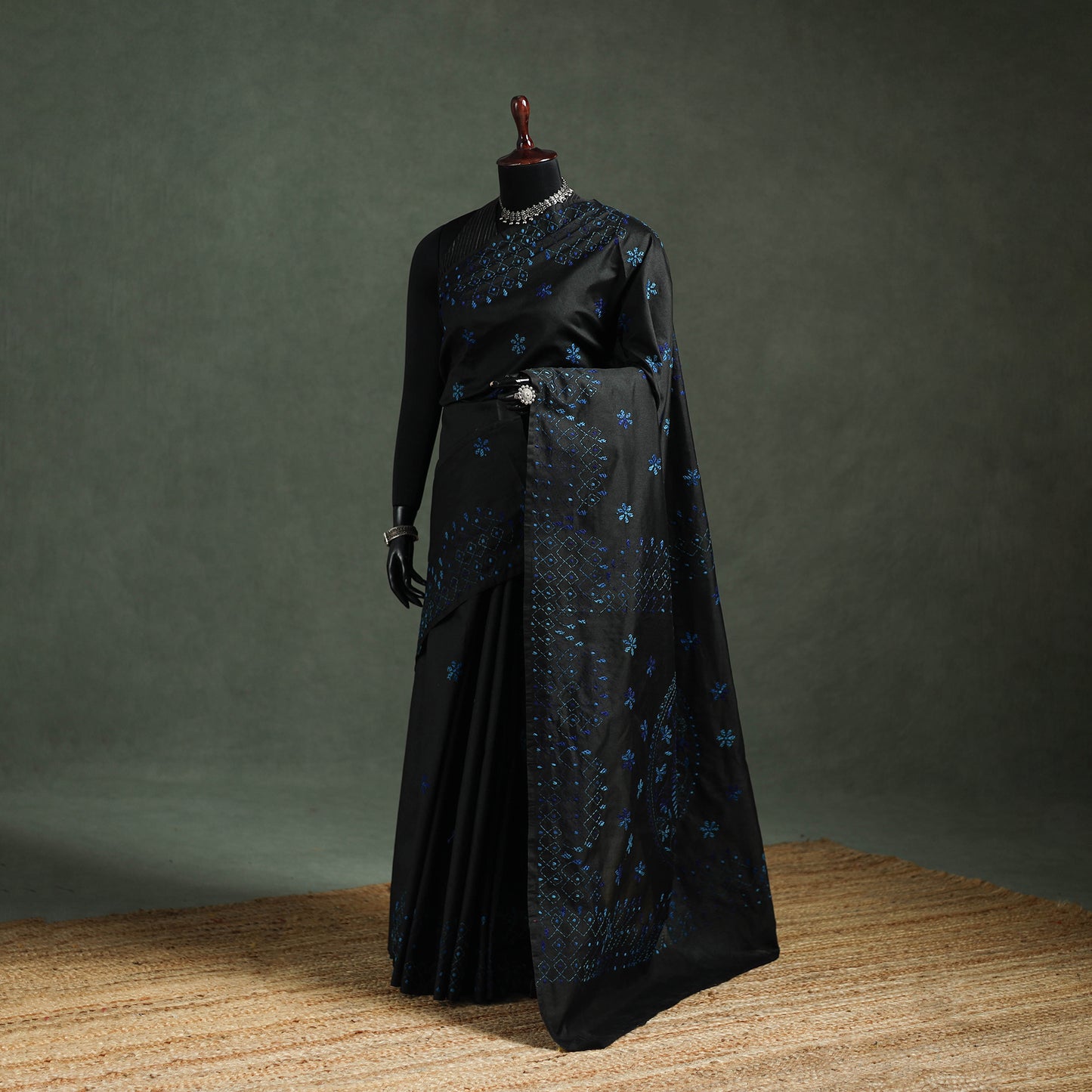 Black - Bengal Nakshi Kantha Hand Embroidered Silk Saree 17