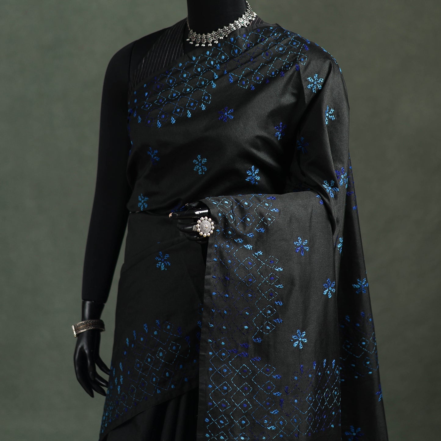 Black - Bengal Nakshi Kantha Hand Embroidered Silk Saree 17