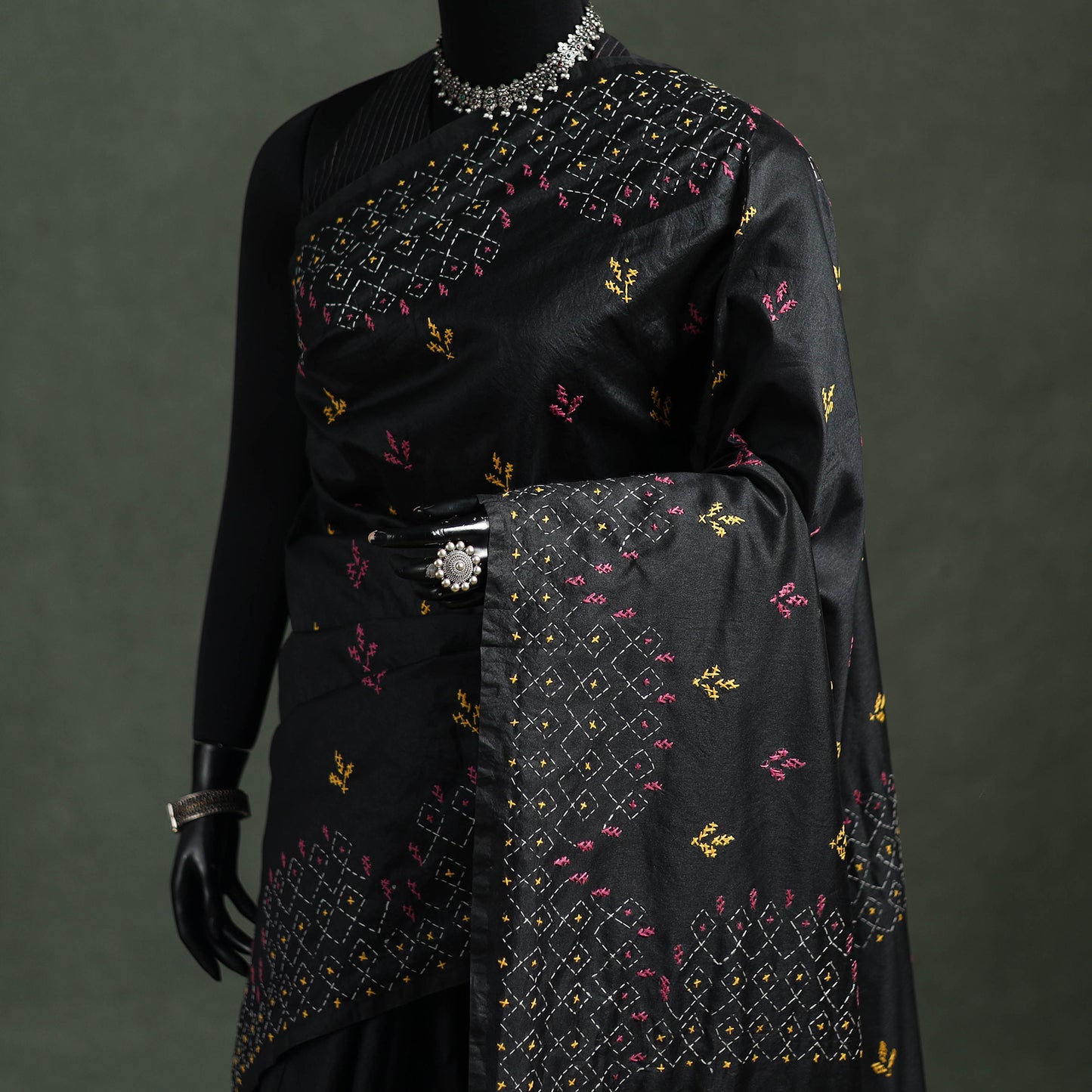 Black - Bengal Nakshi Kantha Hand Embroidered Silk Saree 18