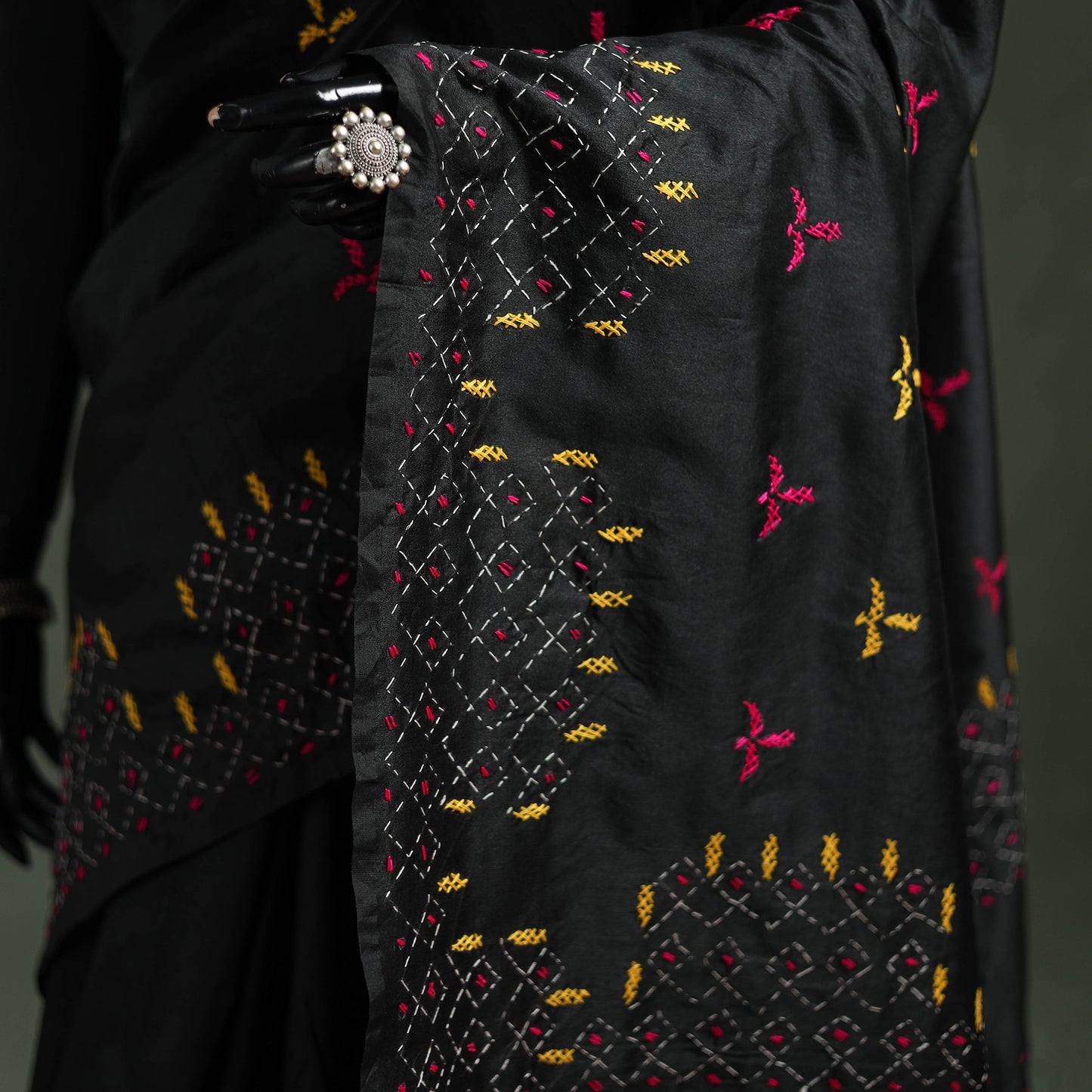 Black - Bengal Nakshi Kantha Hand Embroidered Silk Saree 19
