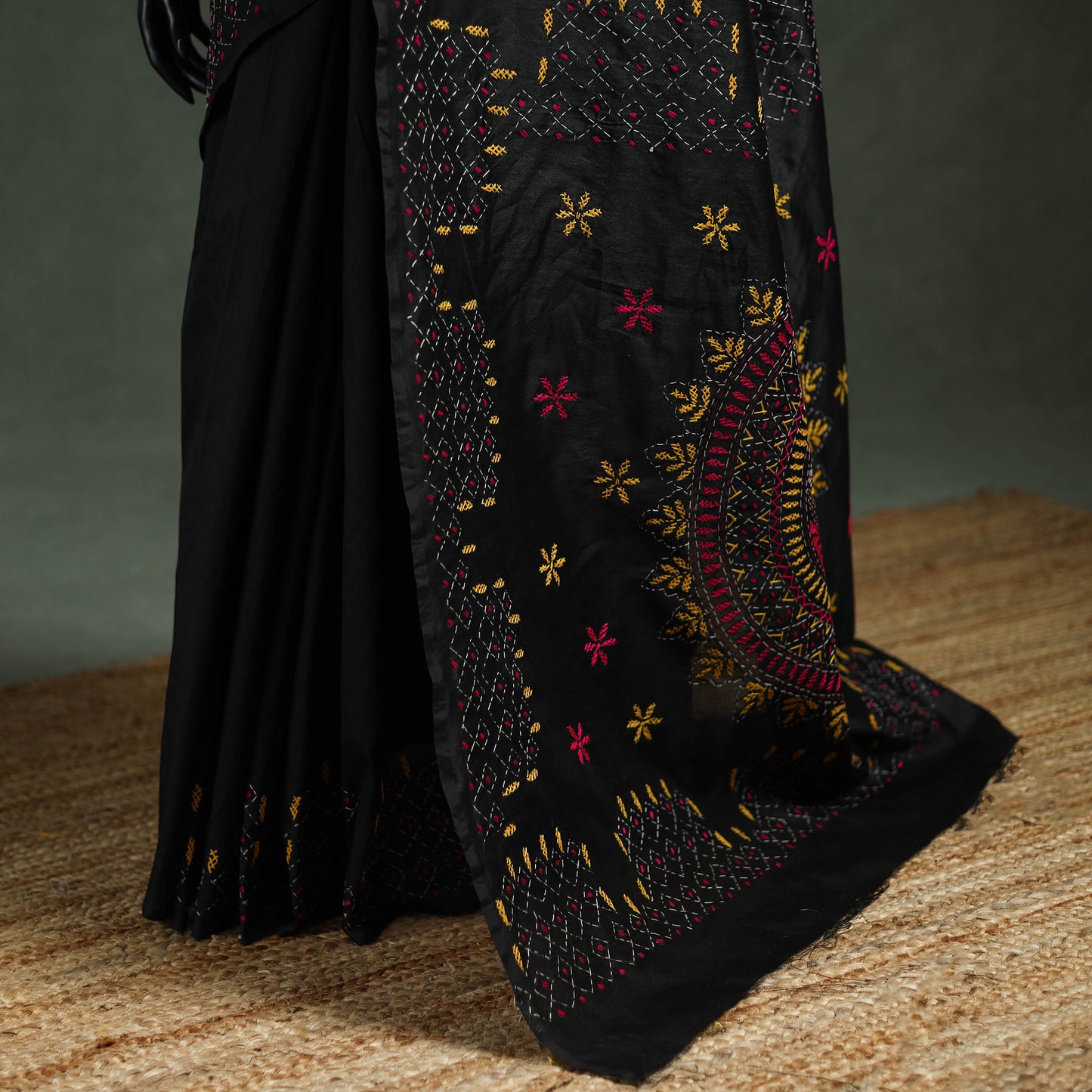 Black - Bengal Nakshi Kantha Hand Embroidered Silk Saree 19
