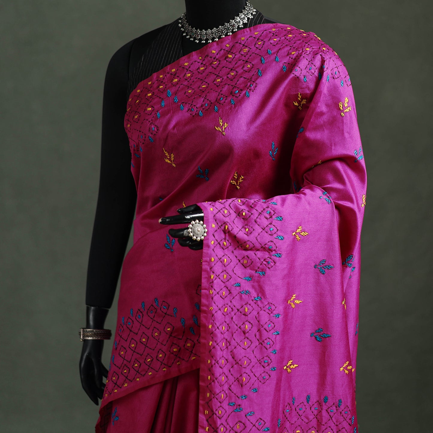 Purple - Bengal Nakshi Kantha Hand Embroidered Silk Saree 20