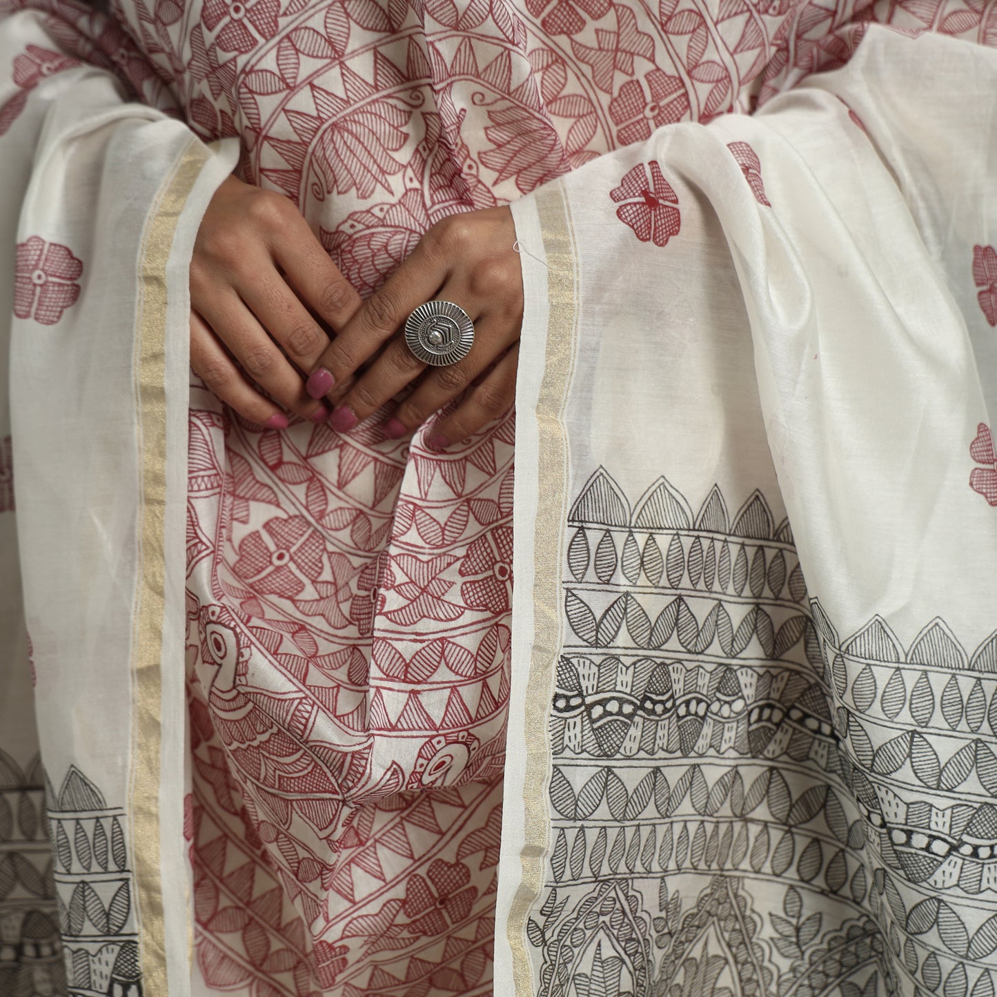 White - Madhubani Handpainted Chanderi Silk Handloom Dupatta 27