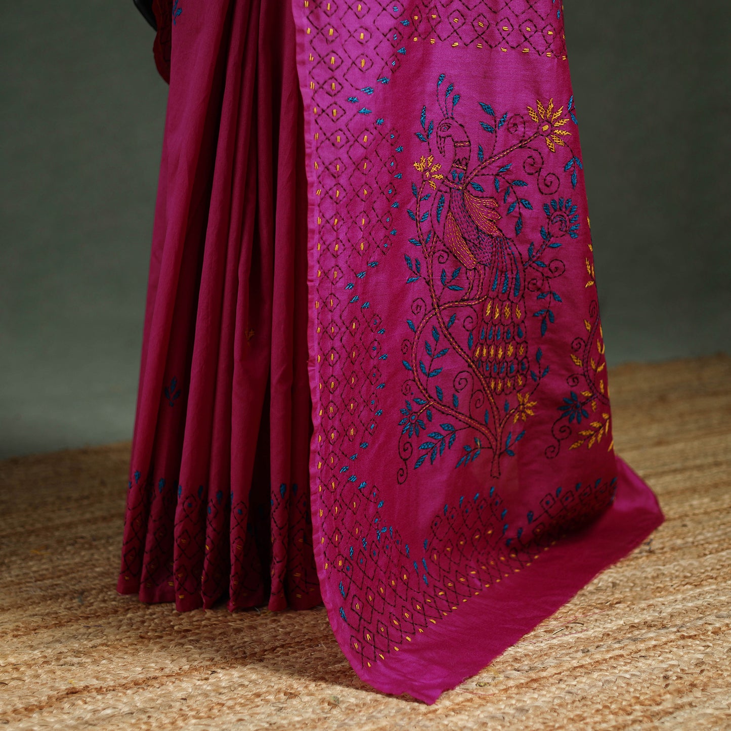 Purple - Bengal Nakshi Kantha Hand Embroidered Silk Saree 20
