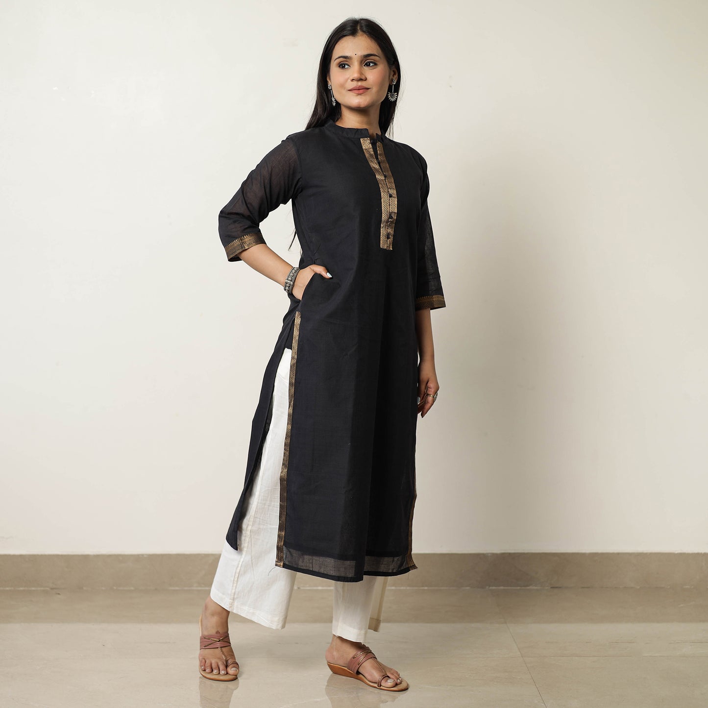 Black - Mangalagiri Handloom Cotton Straight Kurta 35