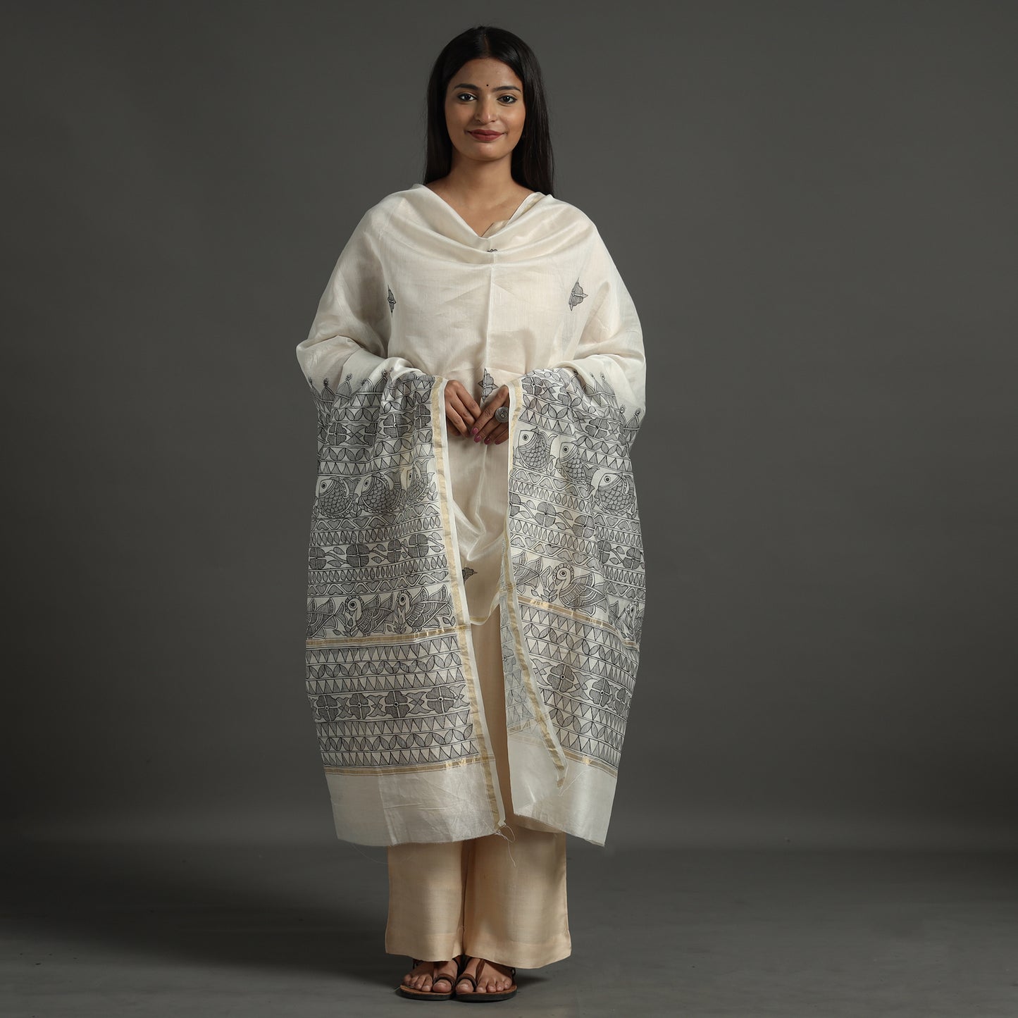 Grey - Madhubani Handpainted Chanderi Silk Handloom Dupatta 29
