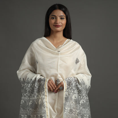 Grey - Madhubani Handpainted Chanderi Silk Handloom Dupatta 29