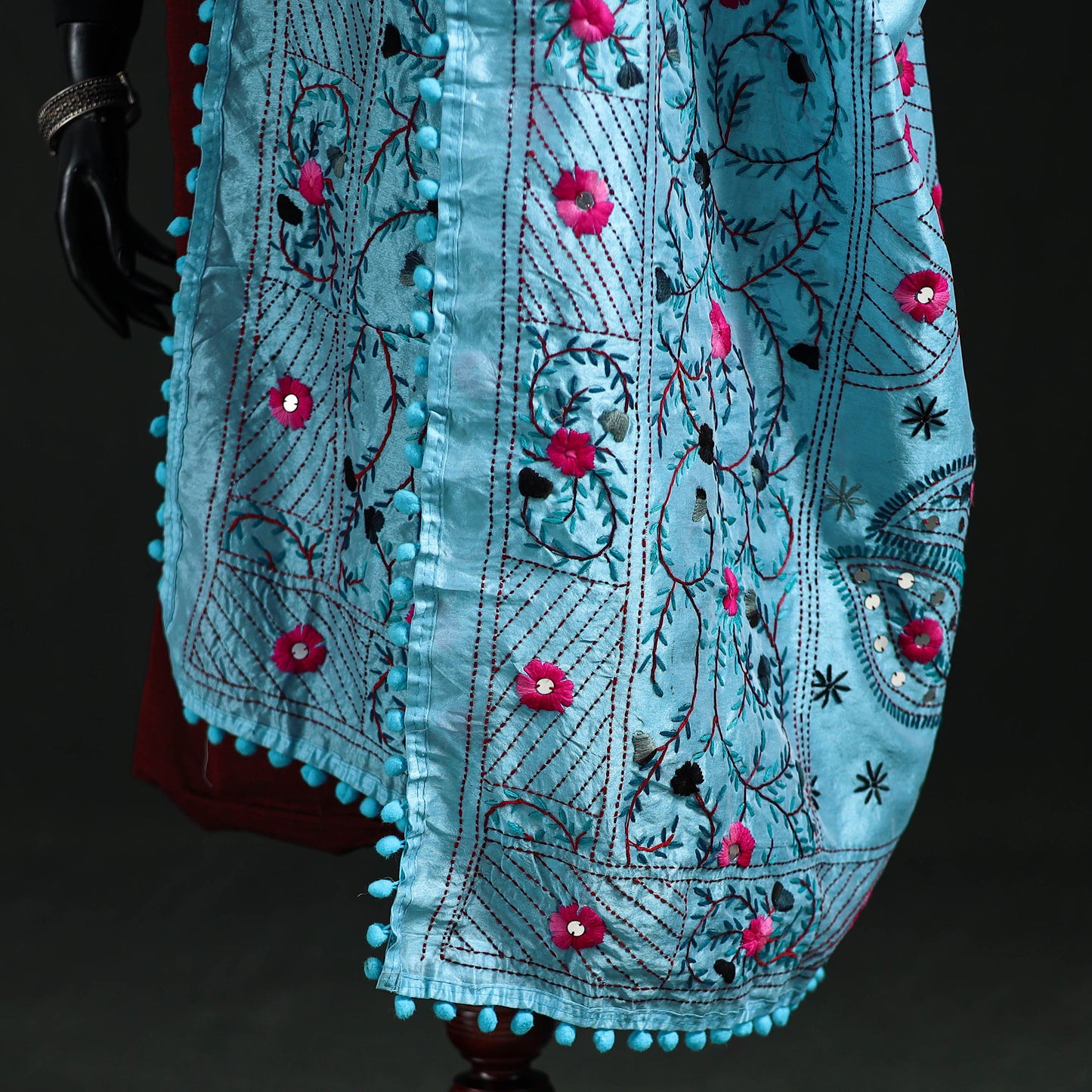 Phulkari Hand Embroidered Chanderi Silk Dupatta 15