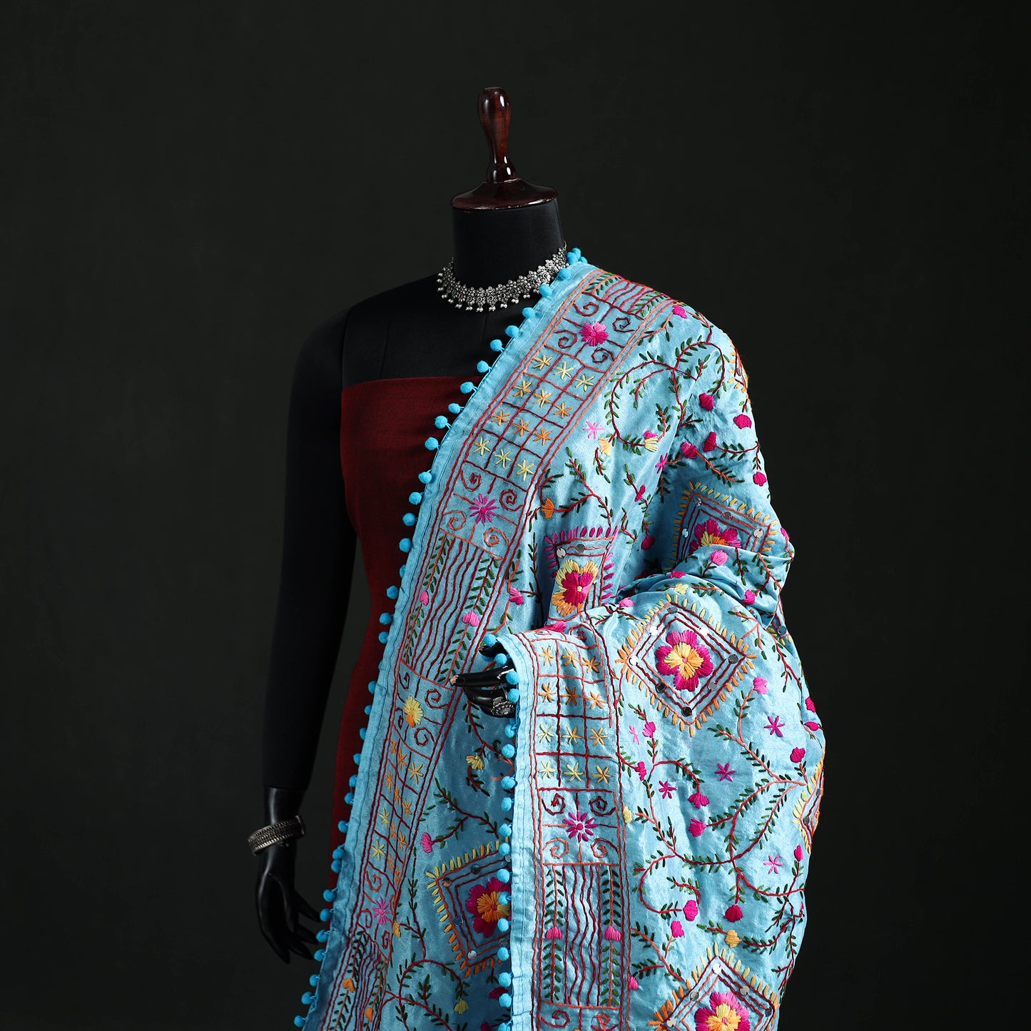 Phulkari Hand Embroidered Chanderi Silk Dupatta 18