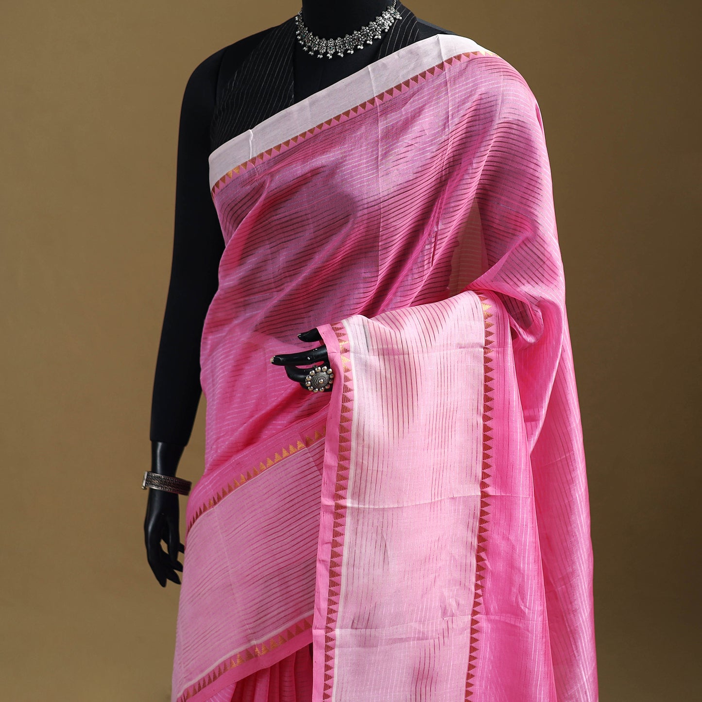 Pink - Pure Handwoven Mangalagiri Silk Cotton Pattu Saree with Zari Border 02