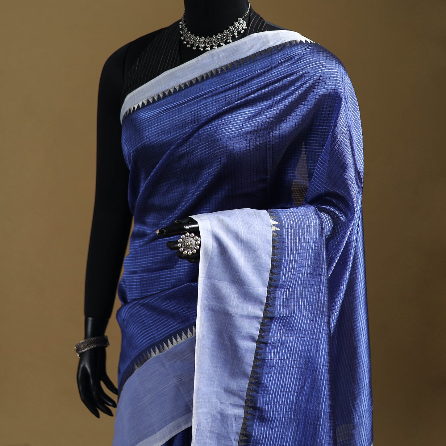 Blue - Pure Handwoven Mangalagiri Silk Cotton Pattu Saree with Zari Border 04
