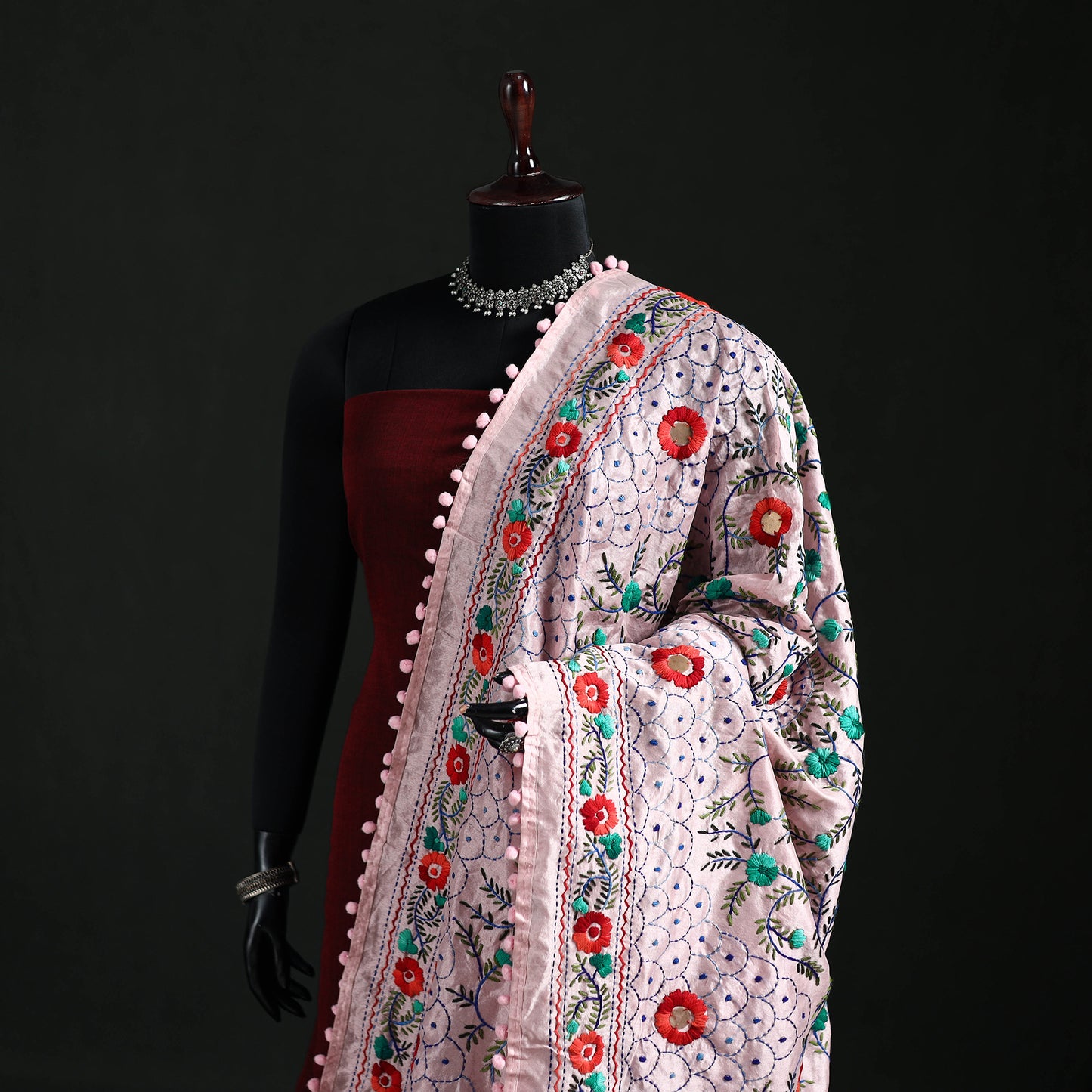 Phulkari Hand Embroidered Chanderi Silk Dupatta 24