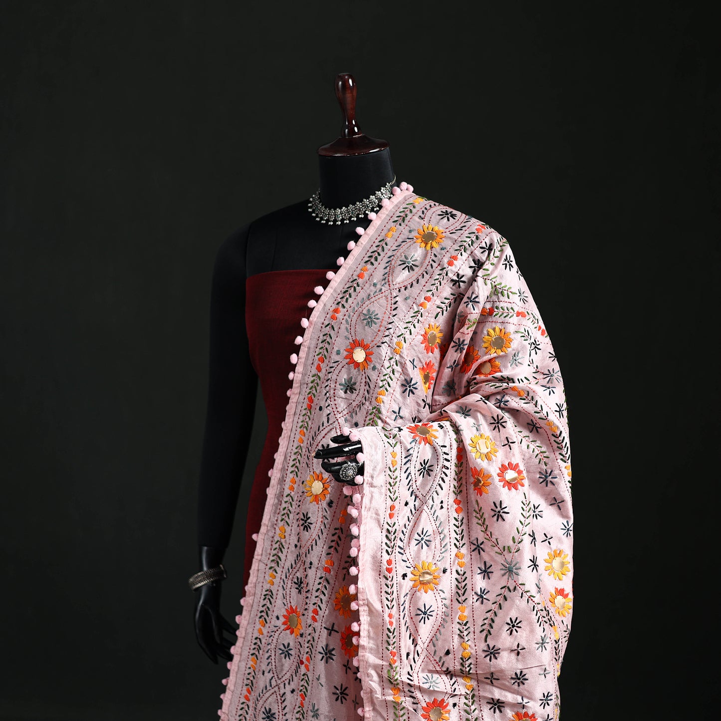 Phulkari Hand Embroidered Chanderi Silk Dupatta 25